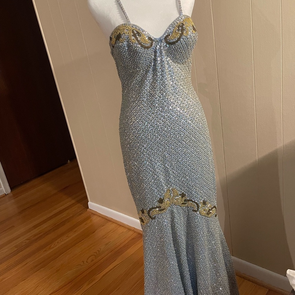 Elegant Blue and Gold Evening Gown - Picture 1 of 3